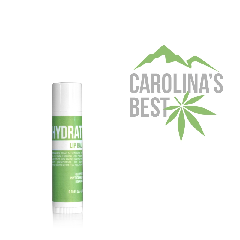 Hydrate: CBD Infused Lip Balm Carolina's Best CBD Lip Balm, hydrating, moisturizing, hemp lip balm, lip balm for severely chapped lips, intensive care CBD lip balm, paraben-free, sulfate-free, phthalate-free, appropriate for all skin types, non-irritating, sustainably sourced, plant-based ingredients, never tested on animals, made with hemp-derived oil